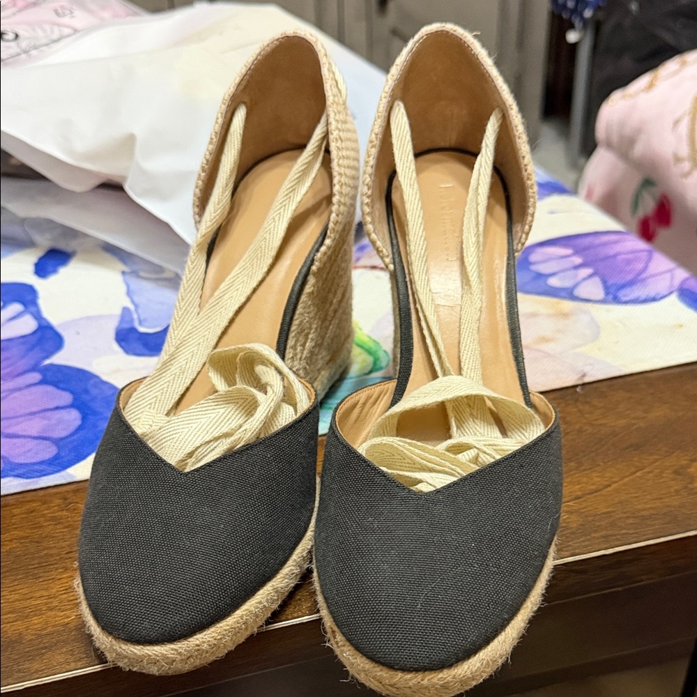 Reformation Black and Cream Espadrille Wedges